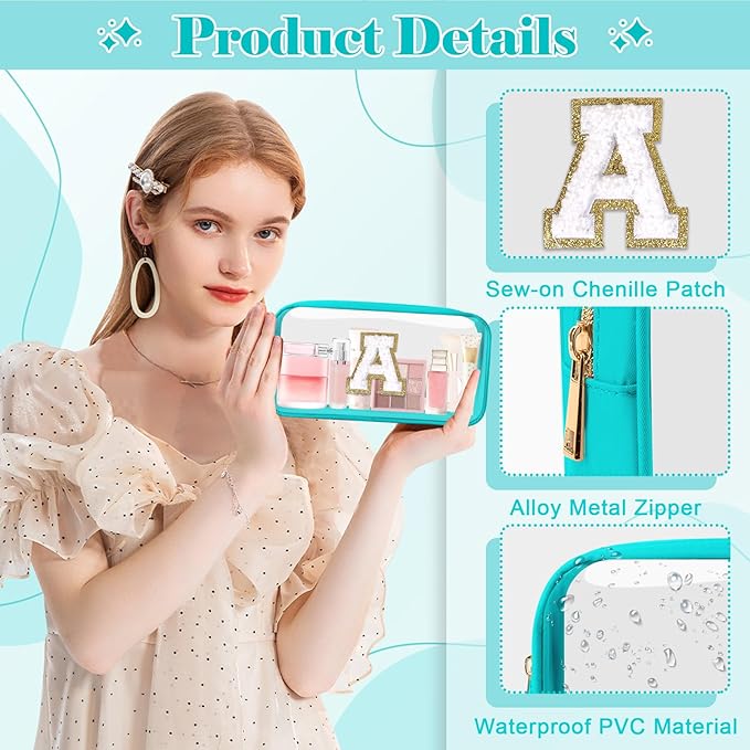 Personalized Initial Letter Clear Makeup Bag,Preppy Small Nylon&PVC Cosmetic Zipper Bag with Chenille Letter,Portable Beach Travel Skincare Toiletry Bag,Trendy Monogram Gift for Teen Girls Women,A