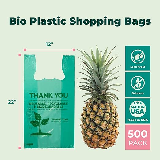 FMP Brands 500 Count Eco Biodegradable Plastic Grocery Bags with Handles, Reusable T-Shirt Thank You Shopping Bags Bulk for Small Business, Restaurant, Groceries, Supermarket