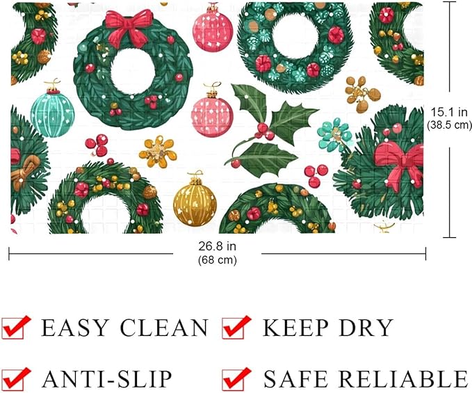 Christmas Wreath New Year Tree Decorations Bath Tub and Shower Mats, Non Slip Bathmat with Drain Holes and Suction Cups for Bathroom Floor, 15.1 x 26.8 Inch