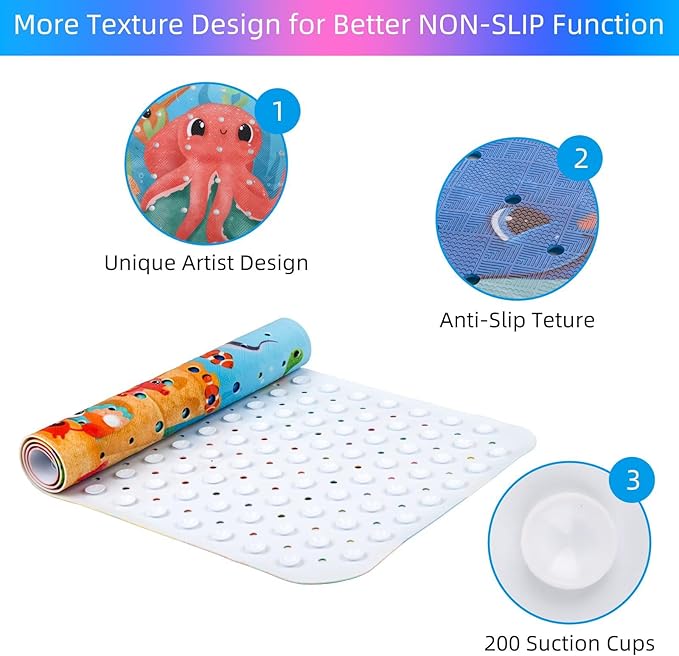 Reetual Cartoon Baby Bath Mat – Non Slip Kids Bathtub Mat for Toddlers, 40" x 16", Suction Cups & Drain Holes, Machine Washable (Whale)