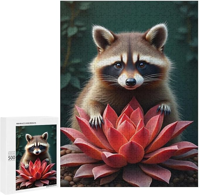 Puzzles for Adults 500 Pieces Wooden Jigsaw Puzzle - Succulent & Cute Raccoon Theme Puzzle，Party Games，Family Toys，Educational Puzzles，Stress Relief Wooden Puzzle，Gifts for Family and Friends