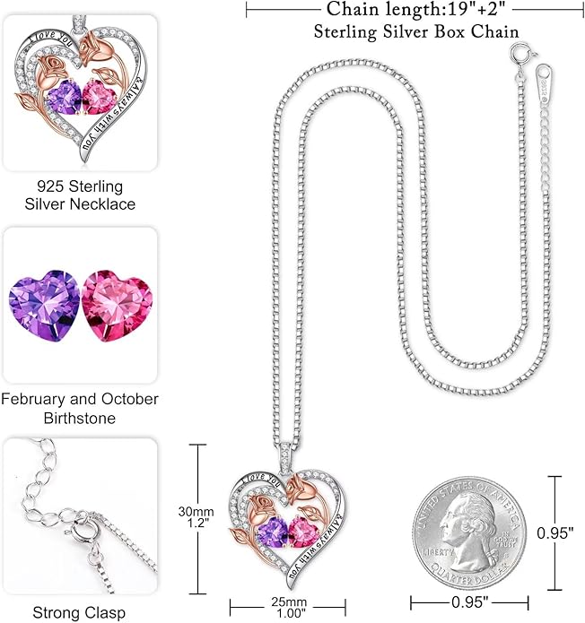 Iefil Valentines Day Gifts for Her - 925 Sterling Silver Rose Heart Birthstone Necklace Birthday Anniversary Jewelry Gifts for Her Wife Mom Daughter