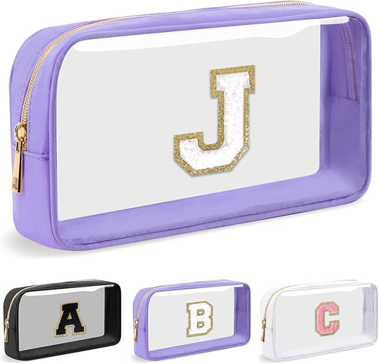 Personalized Initial Letter Clear Makeup Bag,Preppy Small Nylon&PVC Cosmetic Zipper Bag with Chenille Letter,Travel Skincare Toiletry Bag,Monogram Christmas Gift for Teen Girls Women,J