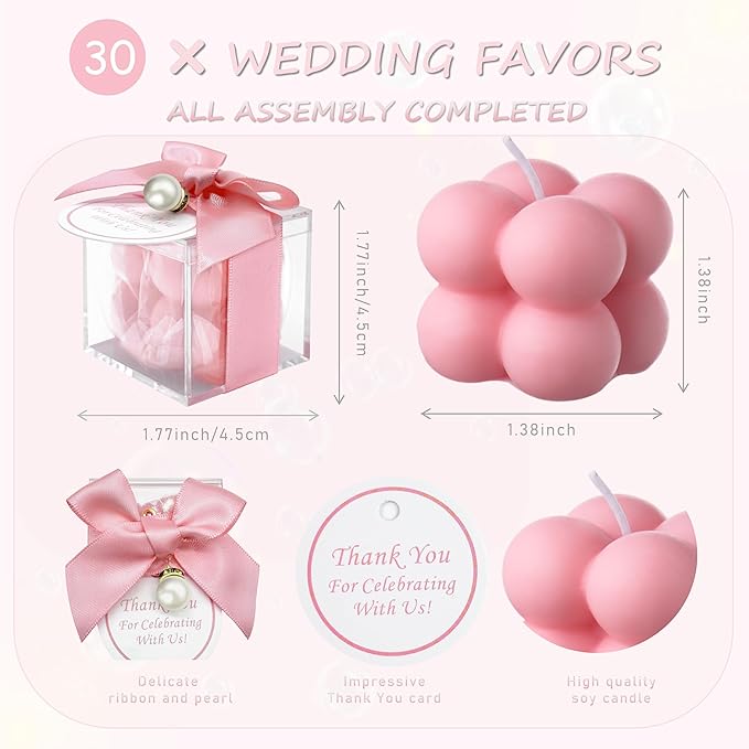 ACITHGL 30 Sets Fully Assembled Small Bubble Candle Party Favors for Guests Bulk Bridal Showers Favors Candles with Stylish Ribbons Thank You Cards Gifts (Pink)