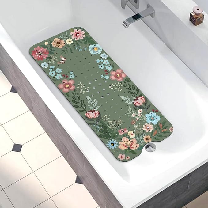 Bathtub Mat Non Slip, Bohemia Extra Long Bath tub Mat Shower Floor Mat with Suction Cups and Drain Holes for Adults Kids Elderly 40 X 16 Inch