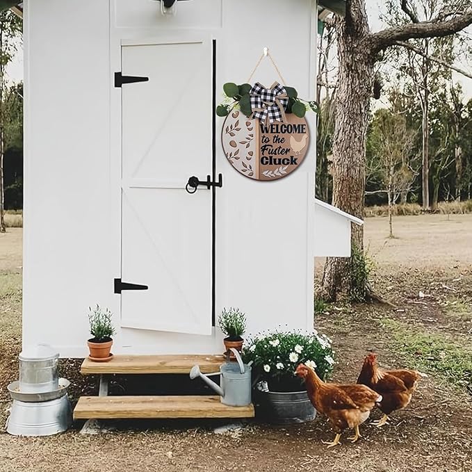CHDITB Funny Chicken Wooden Sign, Rustic Farmhouse Wall Art Plaque, Chicken Coop Barnyard Hanging, Hen House Coop Round Sign,Welcome To The Fuster Cluck Door Hanger For Porch Outdoor Country Home Decor
