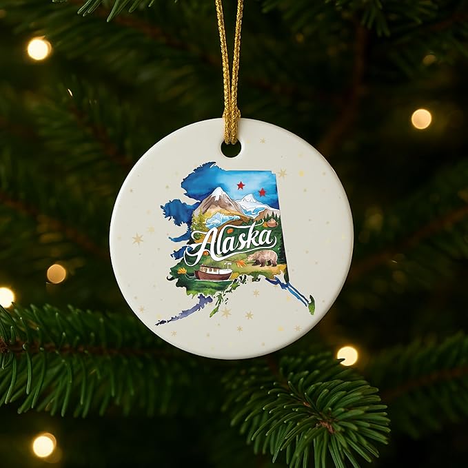 USA State Landmark Ceramic Ornament – Round Glossy Christmas Decoration Featuring U.S. State Art, Landmarks & Holiday Scenery – Collectible Travel Souvenir Ornament Series (Alaska)