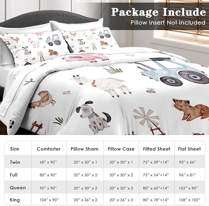 Comforter Set Full Size, Farm Animal 7 Pcs Bedding for Kids and Adults, Cute Tractor Bed Sheet Sets with Fitted Sheet 2 Pillowcases & 2 Shams for Bedroom Bed Decor