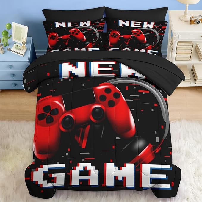 Comforter Set Twin Size, Retro Gaming Gamepad 5 Pcs Bedding for Kids and Adults, Play Computer Video Games Bed Sheet Sets with Fitted Sheet Pillowcase & Sham for Bedroom Bed Decor