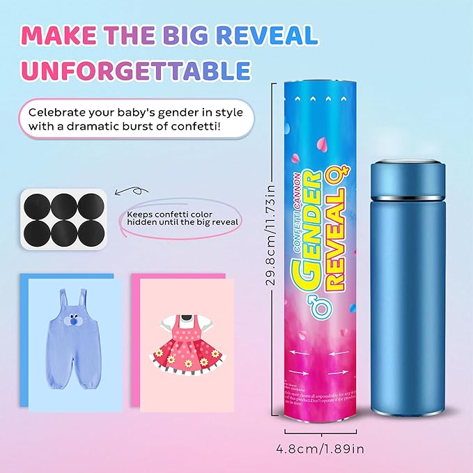 Gender Reveal Confetti Cannons – 6 Pack (3 Blue & 3 Pink) – Baby Gender Reveal Cannon Kit with Heart-Shaped Confetti – Easy Twist Party Poppers for Boy or Girl Baby Reveal Decorations