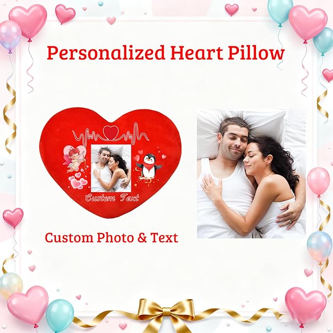 Custom Heart Pillow with Insert, Personalized Heart Shaped Pillows with Photo Name as Valentine Pillows for Hubsand Wife Home Decor Personalized Gifts for Valentines Day Anniversary