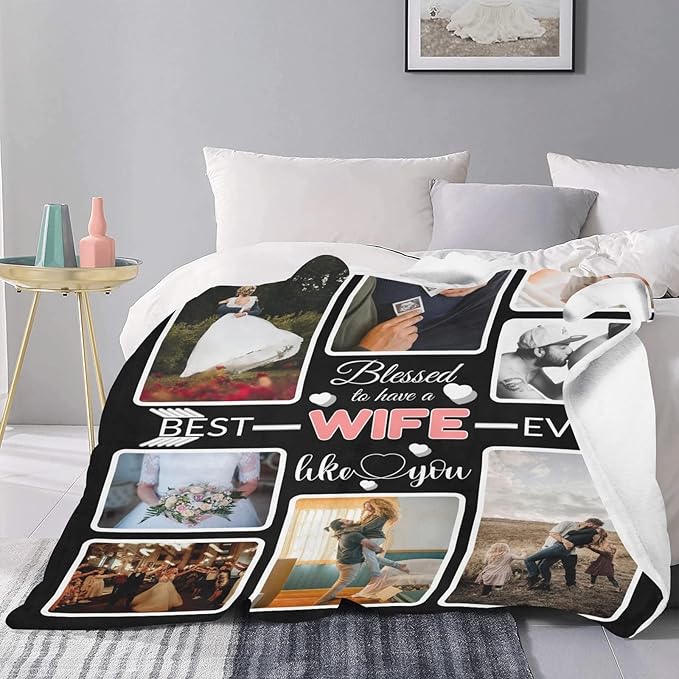 Custom Blanket Gifts with Photos, Personalized Bed Throws for Best Wife, Custom Souvenir Throw Blanket, 8 Collages Made in USA