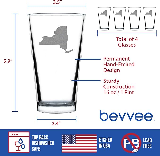 Bevvee New York State Outline Pint Glass for Beer - State Themed Drinking Decor and Gifts for New Yorker Women & Men - Set of 4-16 Oz Glasses