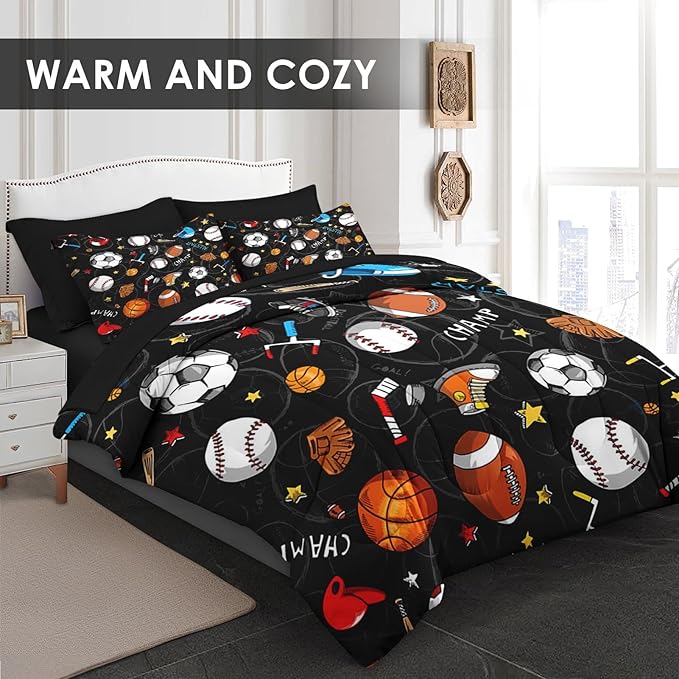 Comforter Set Queen Size, Basketball Football Baseball 7 Pcs Bedding for Kids and Adults, Hockey Sport Bed Sheet Sets with Fitted Sheet 2 Pillowcases & 2 Shams for Bedroom Bed Decor