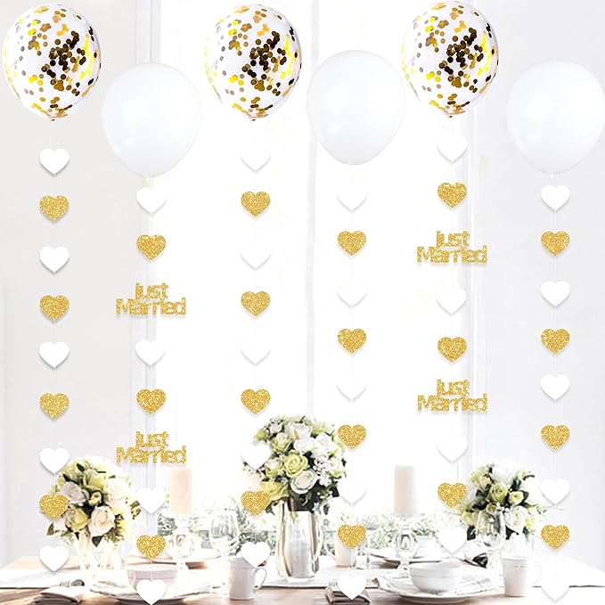 Gold Just Married Wedding Party Decorations Gold/White Heart Just Married Garland and Balloons for Wedding Bridal Shower Party