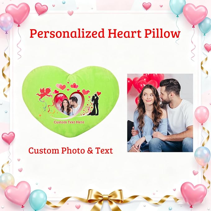 Custom Heart Pillow with Photo Name, Personalized Heart Pillows Decorative Throw Pillows as Valentine Pillow Personalized Gifts for Women Men Kids Family on Valentines Day Anniversary