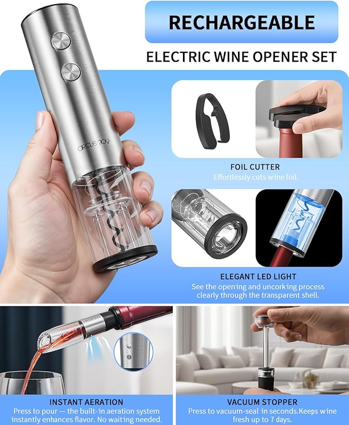 CIRCLE JOY Electric Wine Opener Stainless Steel Rechargeable Automatic Wine Bottle Opener Set 7-in-1 Top Gifts for Wine Lovers with Charging Base, Foil Cutter, Wine Aerator Pourer & 2 Vacuum Stoppers