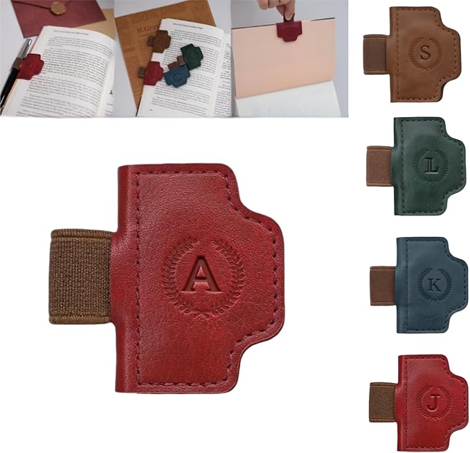 Personalized Magnetic Bygone Mark Bookmark with Pen Holder, 26 Letters Name Initial Custom Leather Book Mark for Women, Gifts for Book Lovers and Readers (Red,A)
