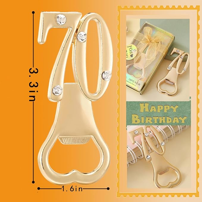 24 pcs gold themed 70th birthday bottle openers favored for 70th anniversary wedding party gifts, 70 birthday party souvenirs or party decorations (Gold, 70 style)