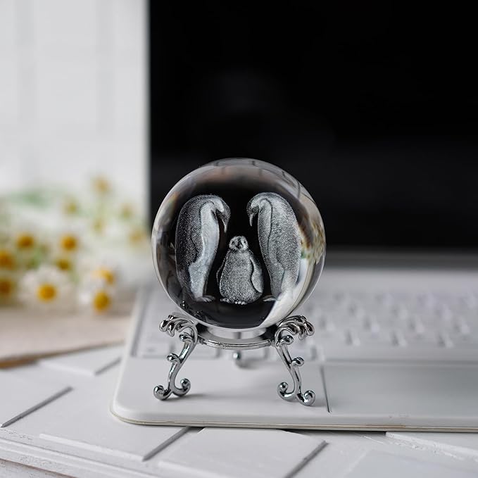 ZEERSHEE 60mm Crystal Penguins Decorative Balls 3D Laser Engraved The Penguin Family Paperweight with Stand