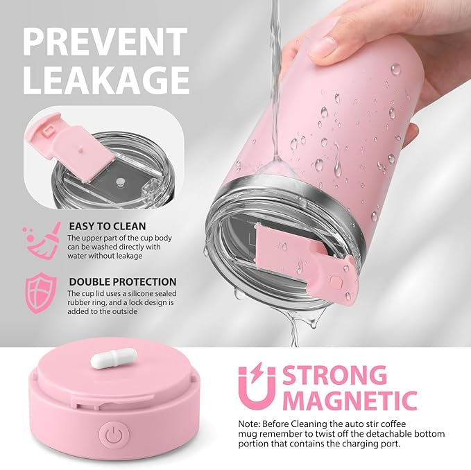 hatisan Self Stirring Coffee Mug With Lid Electric High Speed Self Stirring Mug 400ml Rechargeable Detachable Stainless Steel Self Stirring Cup for Coffee, Milk, Cocoa Christmas Gift(Pink)