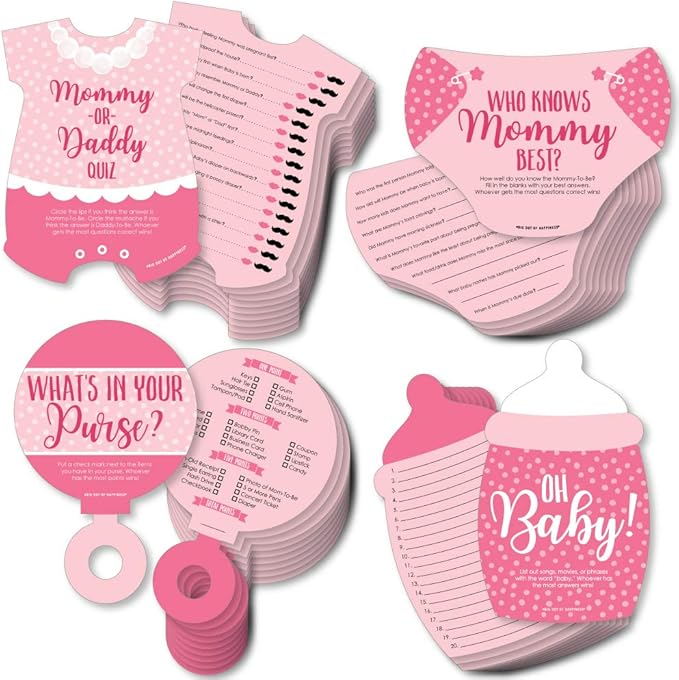 Big Dot of Happiness Baby Girl - 4 Pink Baby Shower Games - 10 Cards Each - Who Knows Mommy Best, Mommy or Daddy Quiz, What’s in Your Purse and Oh Baby - Gamerific Bundle