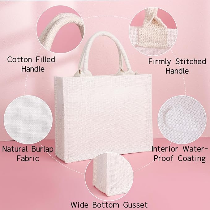 Segarty Tote Bags, 12 Pack Small White Burlap Jute Reusable Canvas Gift Favors Bag with Handles Blank Tote Bulk for Bridesmaid Wedding, Women Market Grocery Shopping, Bachelorette Party, Beach Trip