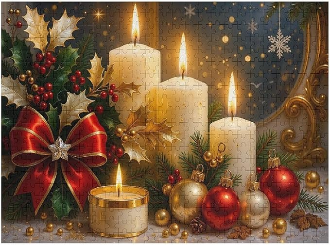 The Burning Christmas Candles 500-Piece Wooden Jigsaw Puzzle, Cozy Holiday Decor, Winter Relaxation Activity, Mindful Puzzle Challenge, Family Fun, Indoor Entertainment, Gift Idea