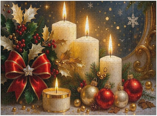 The Burning Christmas Candles 500-Piece Wooden Jigsaw Puzzle, Cozy Holiday Decor, Winter Relaxation Activity, Mindful Puzzle Challenge, Family Fun, Indoor Entertainment, Gift Idea