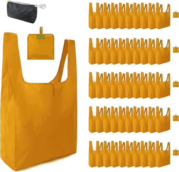 BeeGreen Orange Reusable Grocery Bags Wholesale Pumpkin Reusable Kitchen Bags Bulk Foldable-Machine Washable with Zipper Storage Pouch 50 Packs