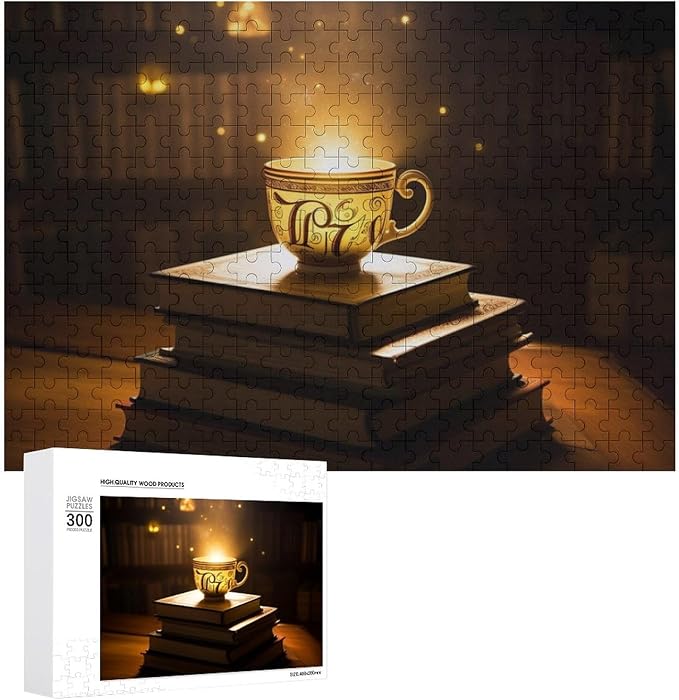Wooden Puzzle - Hot Tea On A Book Rounded Corner Jigsaw Puzzles，Wooden Puzzles for Adults 300 Pieces Challenge Puzzles，Educational Games，Family Puzzles，Unique Gifts for Wall Art