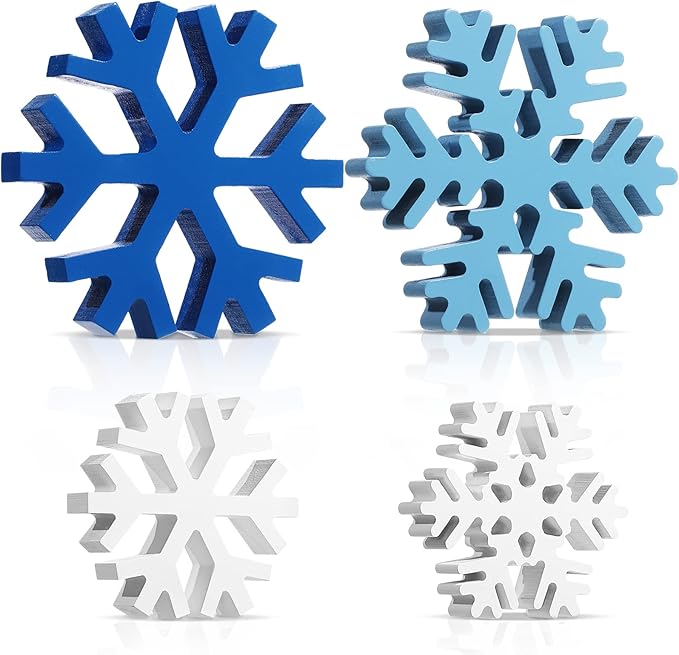 Blulu 4 Pcs Winter Wooden Snowflakes Decor Tabletop Decorations Christmas Snowflake Signs Winter Wooden Xmas Standing Table Sign Christmas Fireplace Decoration for Party Birthday(White and Blue)