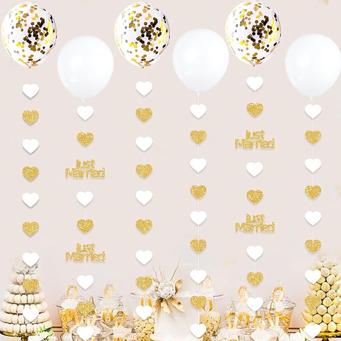 Gold Just Married Wedding Party Decorations Gold/White Heart Just Married Garland and Balloons for Wedding Bridal Shower Party