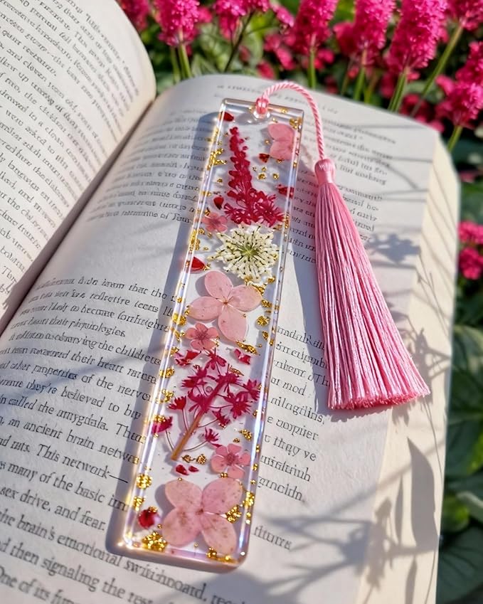 Buleens 2PCS Bookmarks for Women - Yellow Book Marks for Readers Book Lovers, Personalized Handmade Dried Flower Resin Bookmark with Tassels, Pretty and Aesthetic