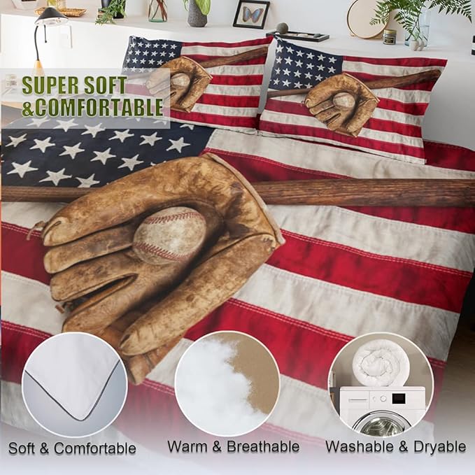 Baseball Bedding Sets for Boys - Sports Theme American Flag Comforter Set Twin Size, Durable Kids Sports Decor with Team Spirit Design (Includes Comforter & Pillowcases)