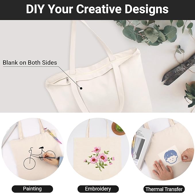 Segarty Canvas Tote Bag with Zipper, 3 Pack 18x15 Blank Canvas Bags for Women, Reusable Tote Bags Aesthetic with Natural Cotton Cloth Shoulder Strap, Bulk for DIY Grocery Beach Travel Gift