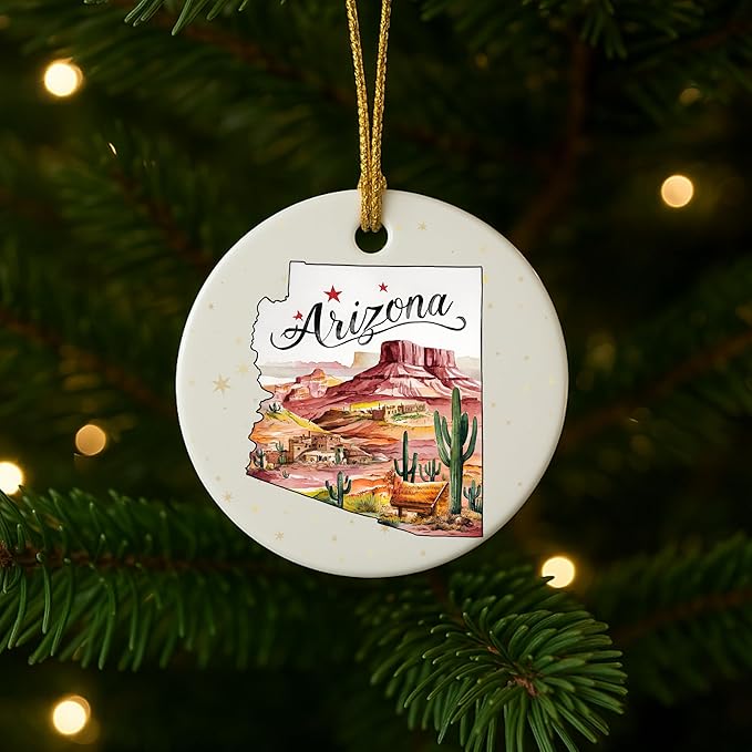USA State Landmark Ceramic Ornament – Round Glossy Christmas Decoration Featuring U.S. State Art, Landmarks & Holiday Scenery – Collectible Travel Souvenir Ornament Series (Arizona)