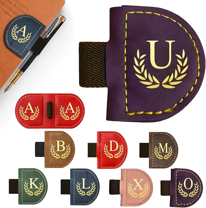 Personalized Leather Magnetic Bookmark with Pen Holder, Custom Bygone Mark Bookmark with Pen Holder, Custom Bookmarks with 26 Letters for Reading Women, Men, Teachers, Book Lovers（Purple，U）