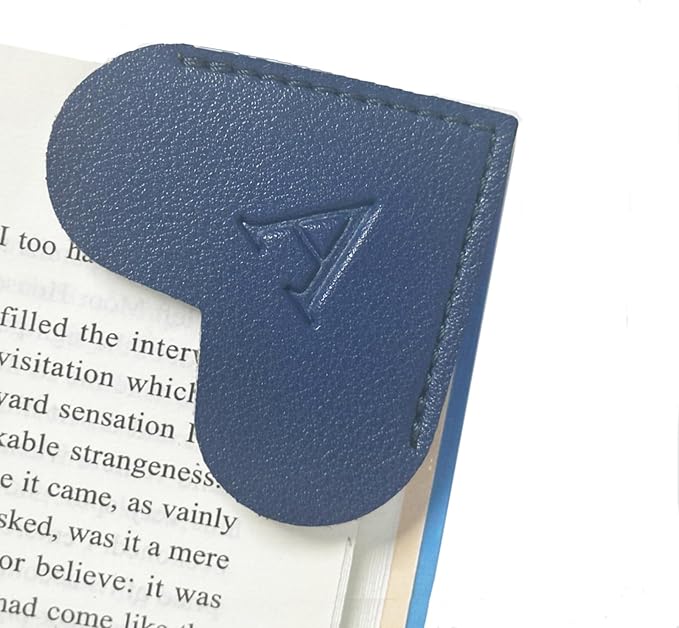 MOTEERLLU Personalized Leather Heart Bookmark with Initials, Cute Custom Corner Bookmarks for Reading Women, Men, Kids, Teachers, Book Lovers Gifts(Blue A)