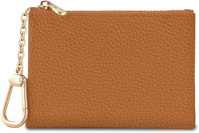 Brown Keychain Coin Purse for Women, Small PU Leather Change Pouch, Zipper Little Tiny Travel Wallet for Girls, Cute Kawaii Zip Pocket Coin Holder with Key Ring