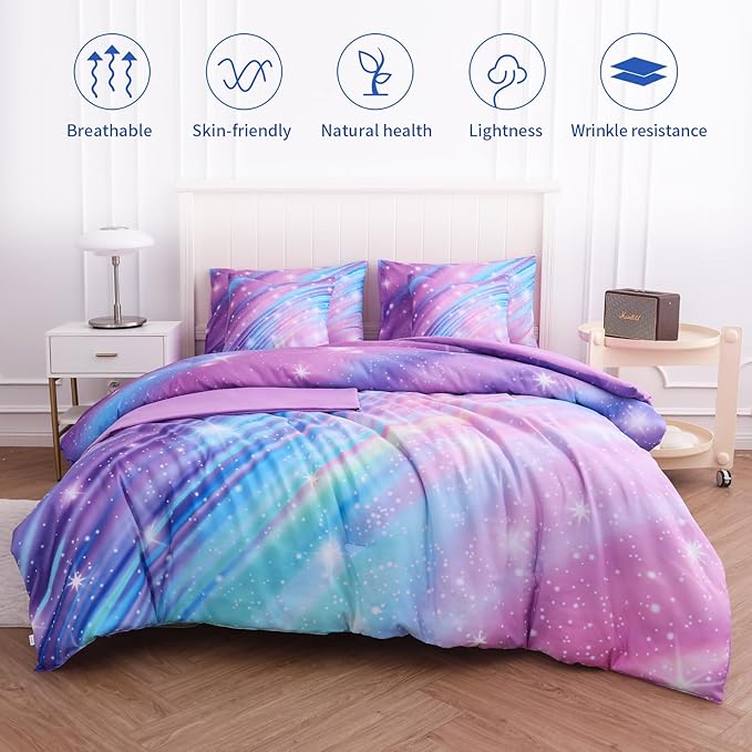 Rainbow Bedding Set Twin Size – 7 Piece Reversible Girls Comforter with Deep-Pocket Sheet, Gradient Galaxy Design, Whole-Piece Filling, Machine Washable Bed-in-a-Bag for Kids Room Makeover & Gifts