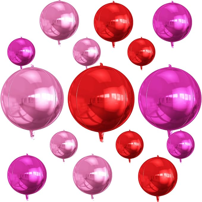 15PCS Red Pink Round Foil Balloons, 22" 15" 10" Large 4D Ball Balloons Red Hot Pearl Pink Metallic Mirror Balloon for Valentines Day Wedding Women Girls Birthday Party Supplies