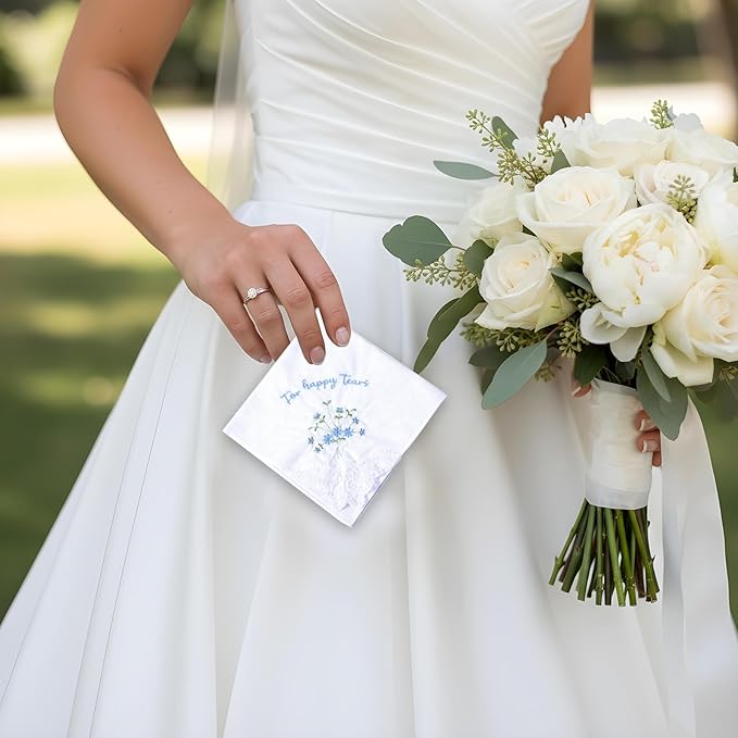 For Happy Tears Handkerchief, 6 Pcs Embroidered Wedding Handkerchief Cotton Hankies for Bride, Groom, Bridesmaid, Mother of the Bride, White & Blue, 12" x 12"