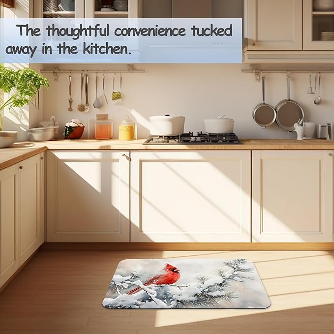 Cardinal Bird Bathroom Rug 29.5"x17", Winter Flowers Quick-Drying Super Absorbent Diatomite Bath Mat with Non-Slip Backing, Thin Washable Bathroom Floor Mat Fits Under Door for Shower, Sink, or Tub