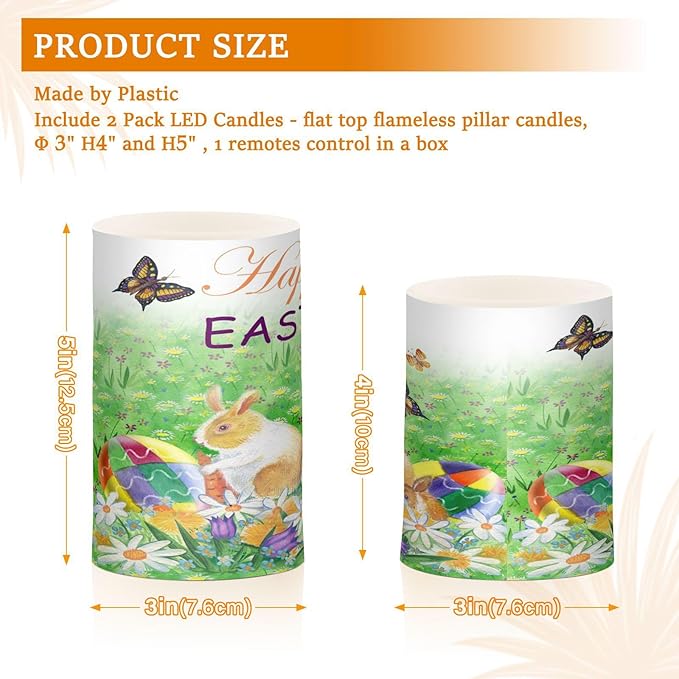 Easter Bunny Eggs Spring Flowers and Butterfly Flickering Flameless Candles Battery Operated with Remote Timer,Tea Light Candles LED Pillar Votive Candles set of 2 for Outdoor Indoor Decorations
