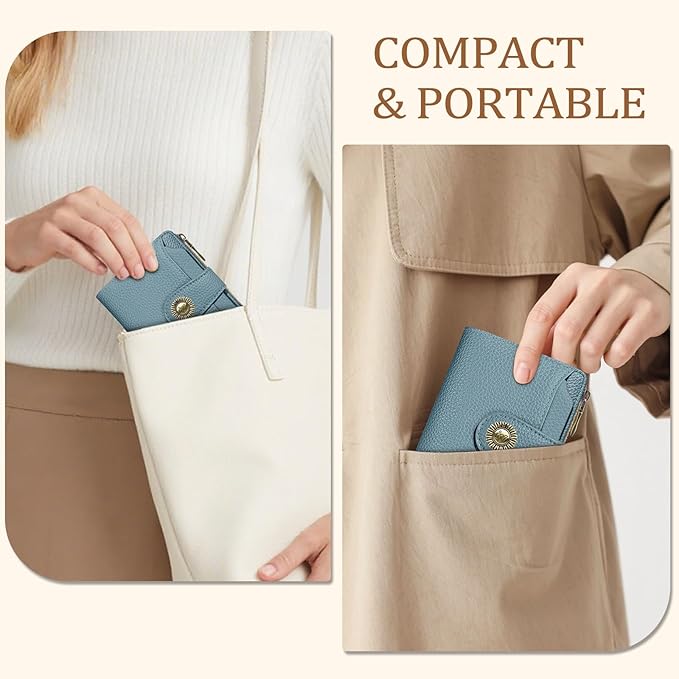 Blue Small Wallet Women RFID Blocking Bifold, Credit Card Holder, Zipper Coin Pocket, PU Leather, Compact, Travel, 4 ID Window, 14 Card Slots, Cash Purse, Ladies Woman Female Girls