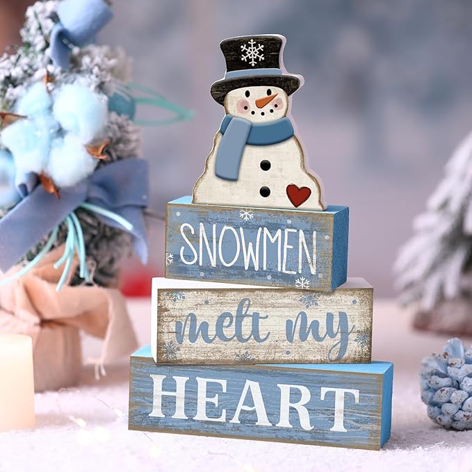 4 Pcs Winter Table Decorations Blue and White Snowman Decor Winter Tiered Tray Decor Christmas Table Centerpiece Rustic Decorative Snowmen Block Signs Gift Farmhouse for Home Kitchen Shelf