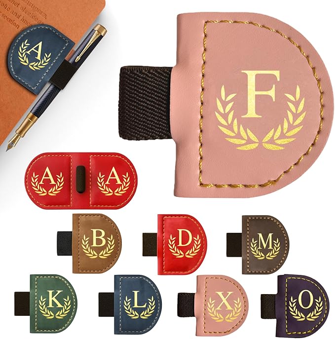 Personalized Leather Magnetic Bookmark with Pen Holder, Custom Bygone Mark Bookmark with Pen Holder, Custom Bookmarks with 26 Letters for Reading Women, Men, Teachers, Book Lovers（Pink，F）