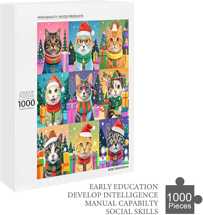 Wooden Puzzle 1000 Pieces Adult - Christmas Cat Puzzle Christmas Puzzles, Holiday Puzzles, Family Toys, Party Games, Jigsaw Puzzle Challenge and Funny