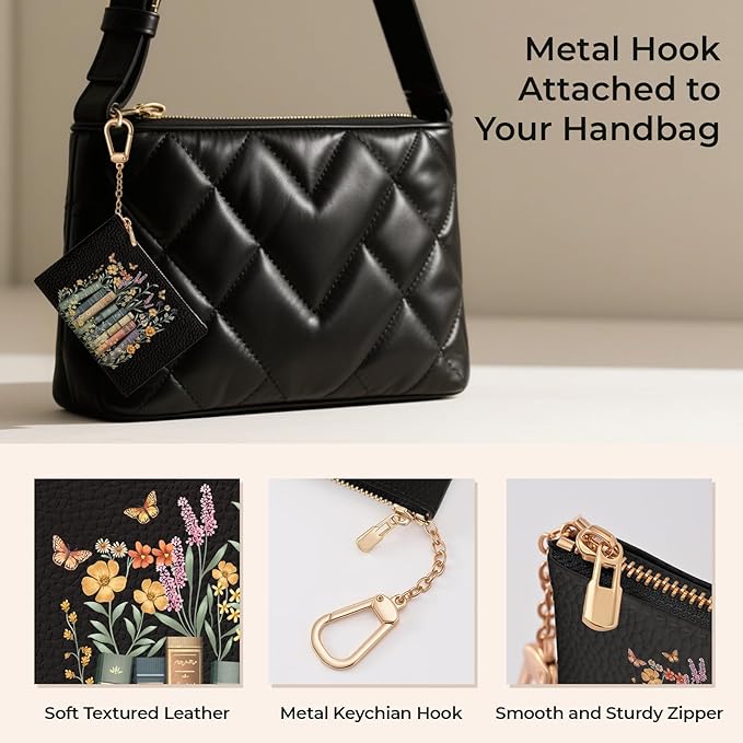 Book and Flower Keychain Coin Purse for Women, Small PU Leather Change Pouch, Zipper Little Tiny Travel Wallet for Girls, Cute Kawaii Zip Pocket Coin Holder with Key Ring